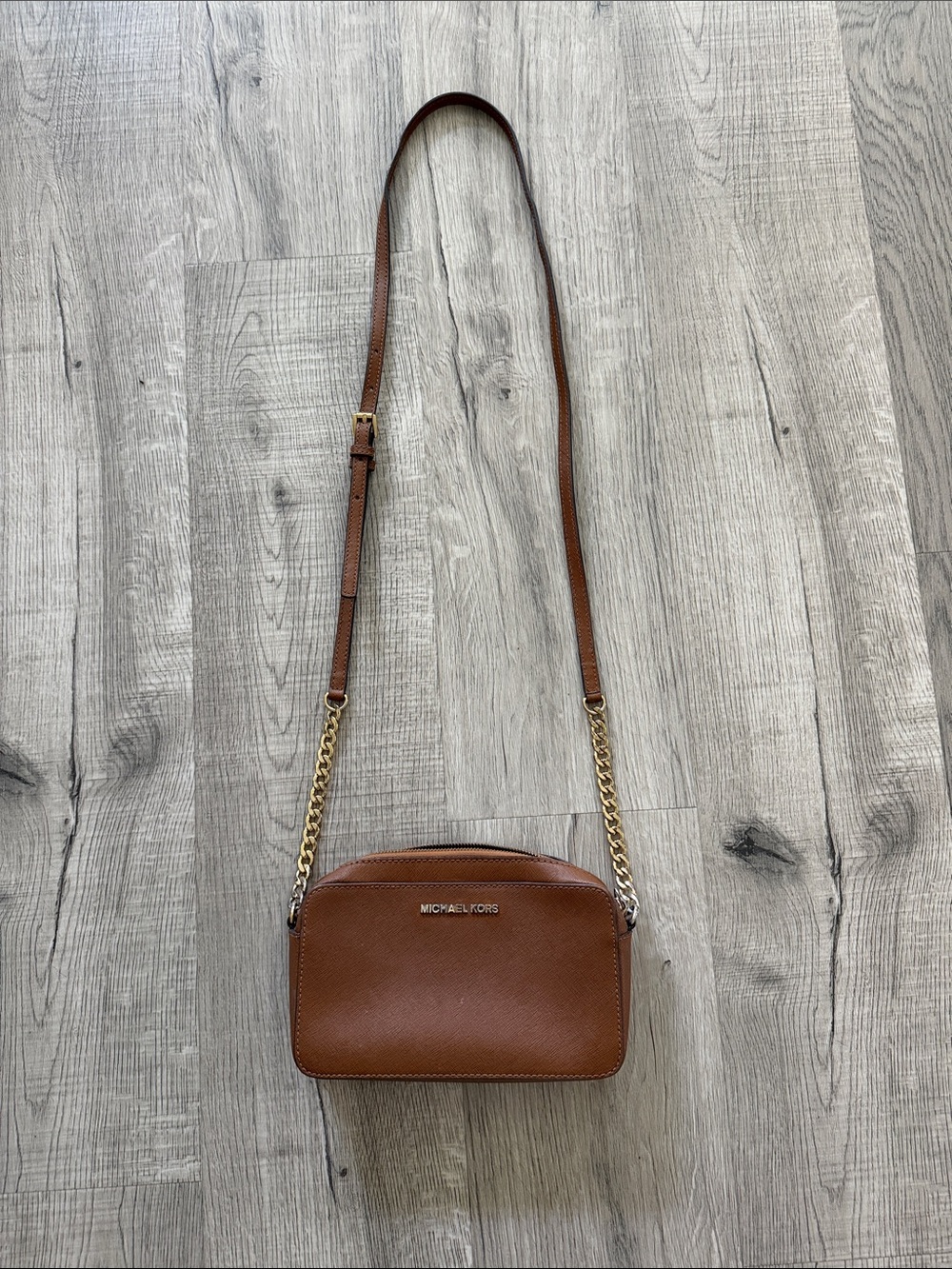 Michael Kors Brown Saffiano Crossbody with Gold Chain